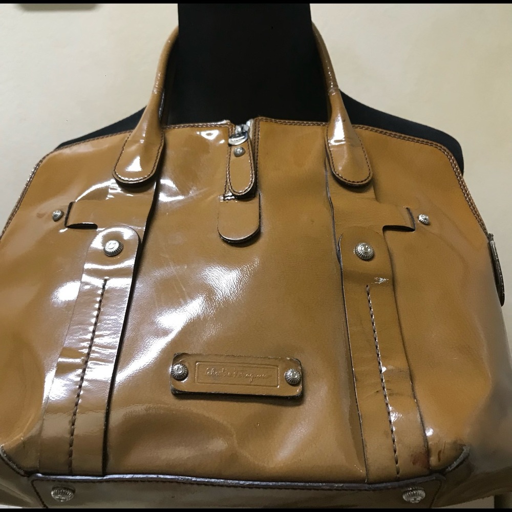 Vintage Ferragamo brown patent leather bag with Ferragamo ornaments
